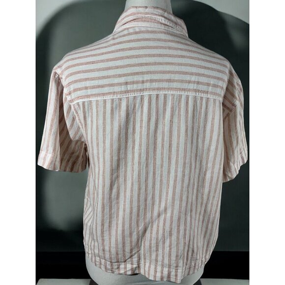 Forever 21 Womens Short Sleeve Peach Cream Striped Button Down Crop Linen Medium - Picture 3 of 9